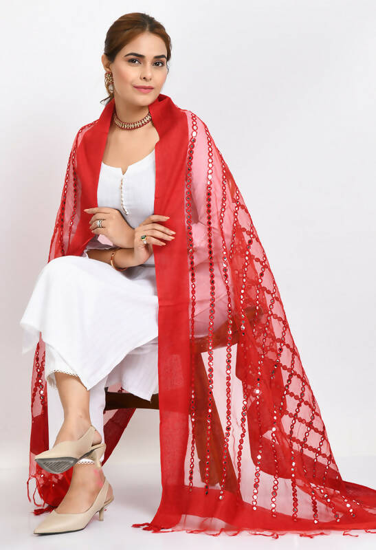 Mominos Fashion Moeza Women's Orgenza Mirror Stripe Thread Work Red Dupatta