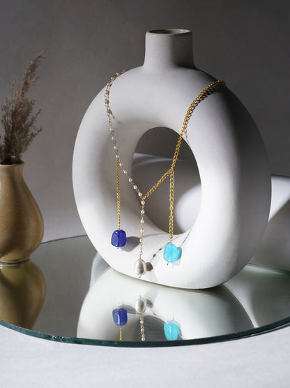 Long Pearl and Gold Chain Neckpiece (Gold) - Ruby Raang