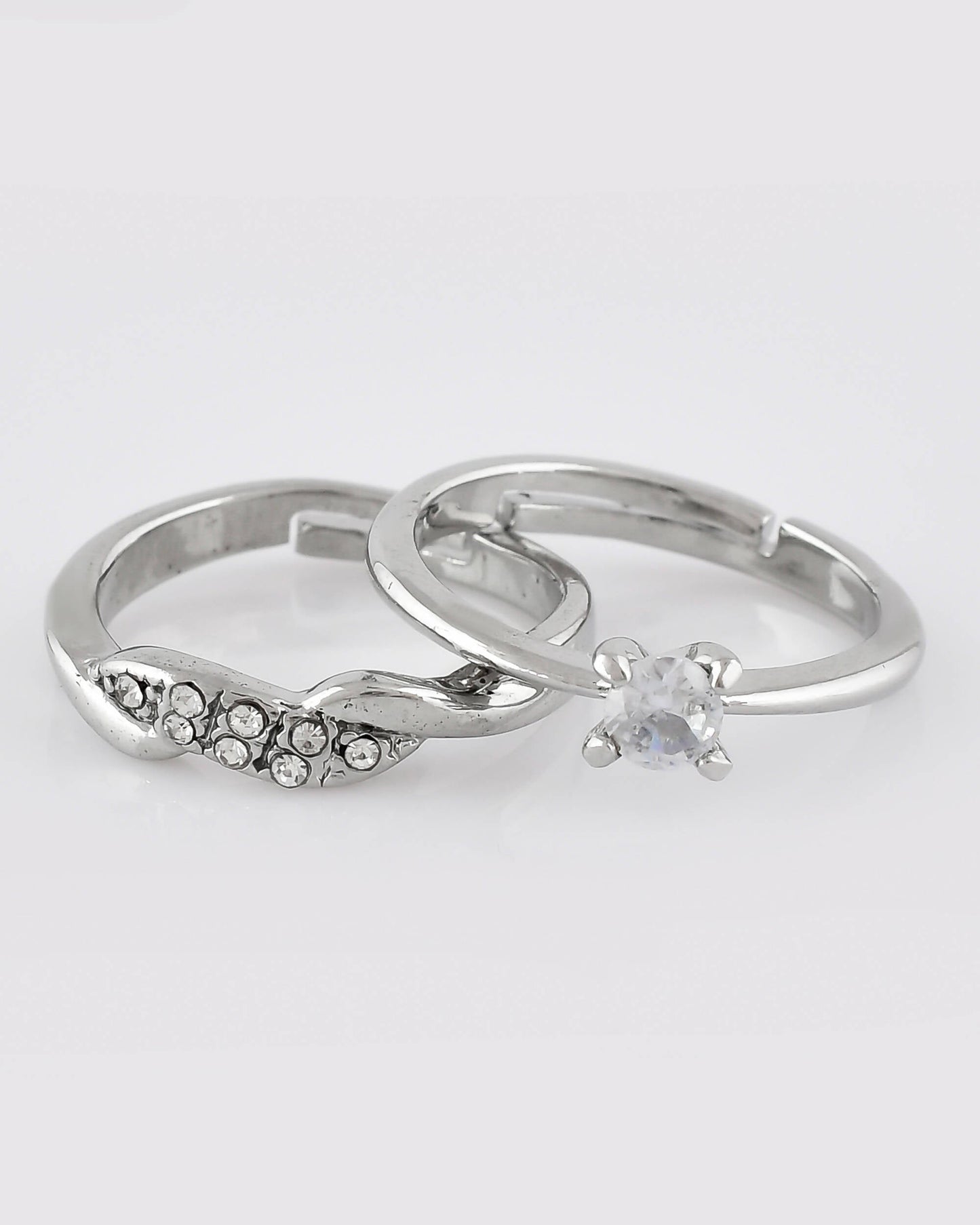 VOJ Stainless Steel Cubic Zirconia Silver Plated Adjustable Ring Set for Couple