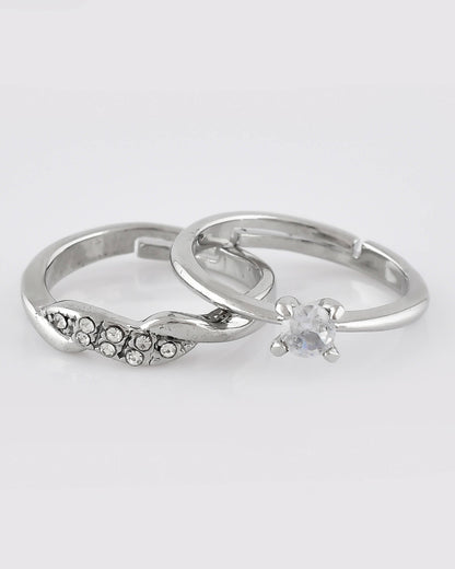 VOJ Stainless Steel Cubic Zirconia Silver Plated Adjustable Ring Set for Couple