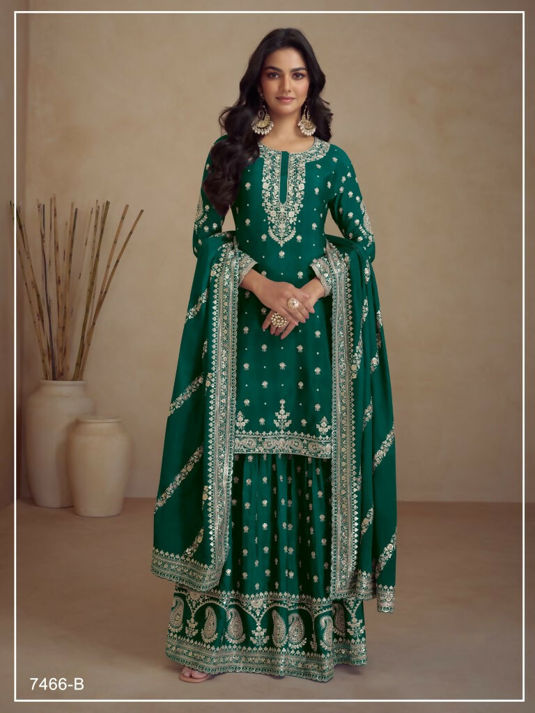 Vastranavya Glamorous Green Chinon Palazzo Suit With Intricate Sequins Embroidery Work with Dupatta