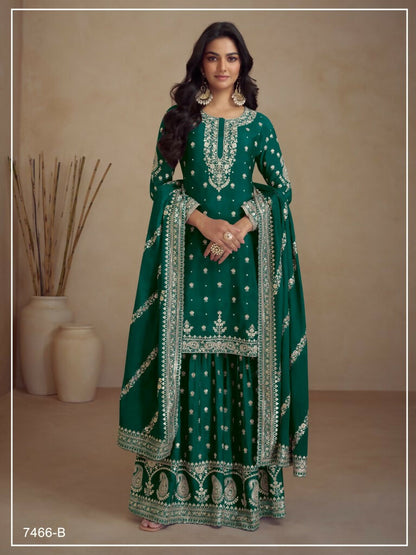 Vastranavya Glamorous Green Chinon Palazzo Suit With Intricate Sequins Embroidery Work with Dupatta