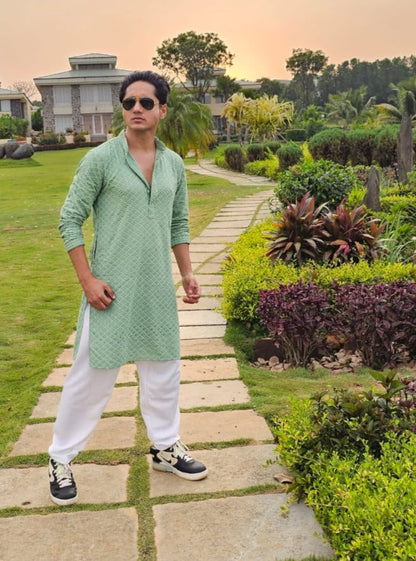Jompers Men's Green Chikankari Embroidered and Sequence Kurta with Churidar