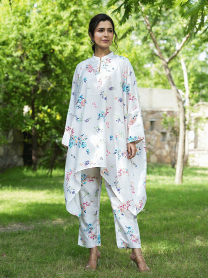 Yufta White Floral Print Kaftan Kurta with Trousers Co-Ords