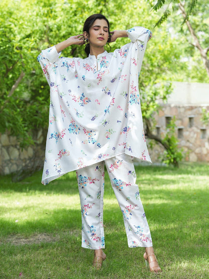 Yufta White Floral Print Kaftan Kurta with Trousers Co-Ords