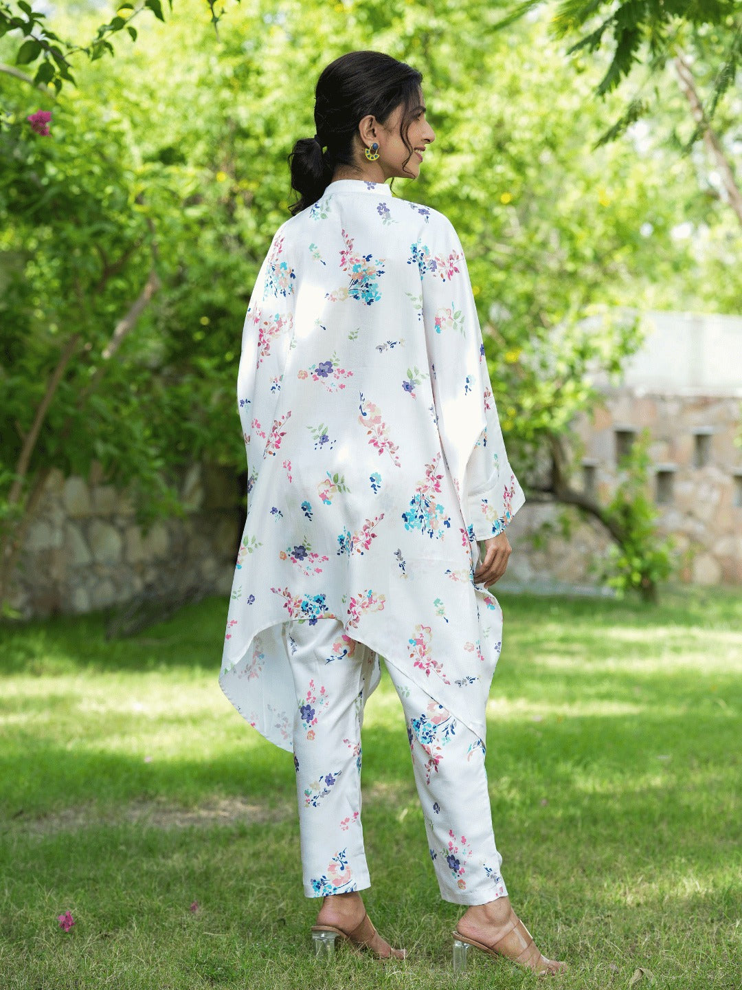 Yufta White Floral Print Kaftan Kurta with Trousers Co-Ords