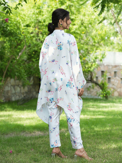 Yufta White Floral Print Kaftan Kurta with Trousers Co-Ords