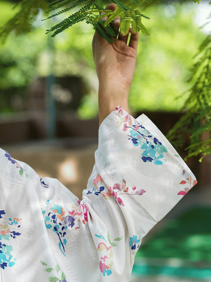 Yufta White Floral Print Kaftan Kurta with Trousers Co-Ords