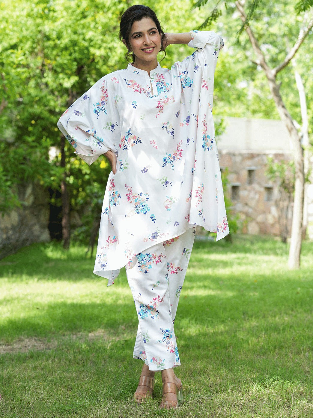 Yufta White Floral Print Kaftan Kurta with Trousers Co-Ords