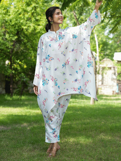 Yufta White Floral Print Kaftan Kurta with Trousers Co-Ords
