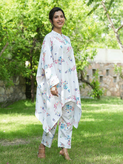Yufta White Floral Print Kaftan Kurta with Trousers Co-Ords