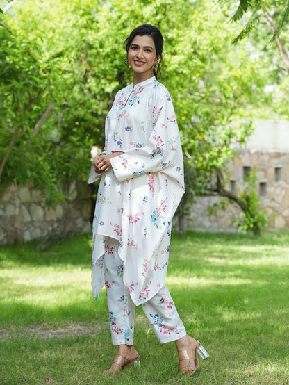 Yufta White Floral Print Kaftan Kurta with Trousers Co-Ords