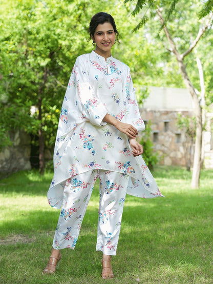 Yufta White Floral Print Kaftan Kurta with Trousers Co-Ords