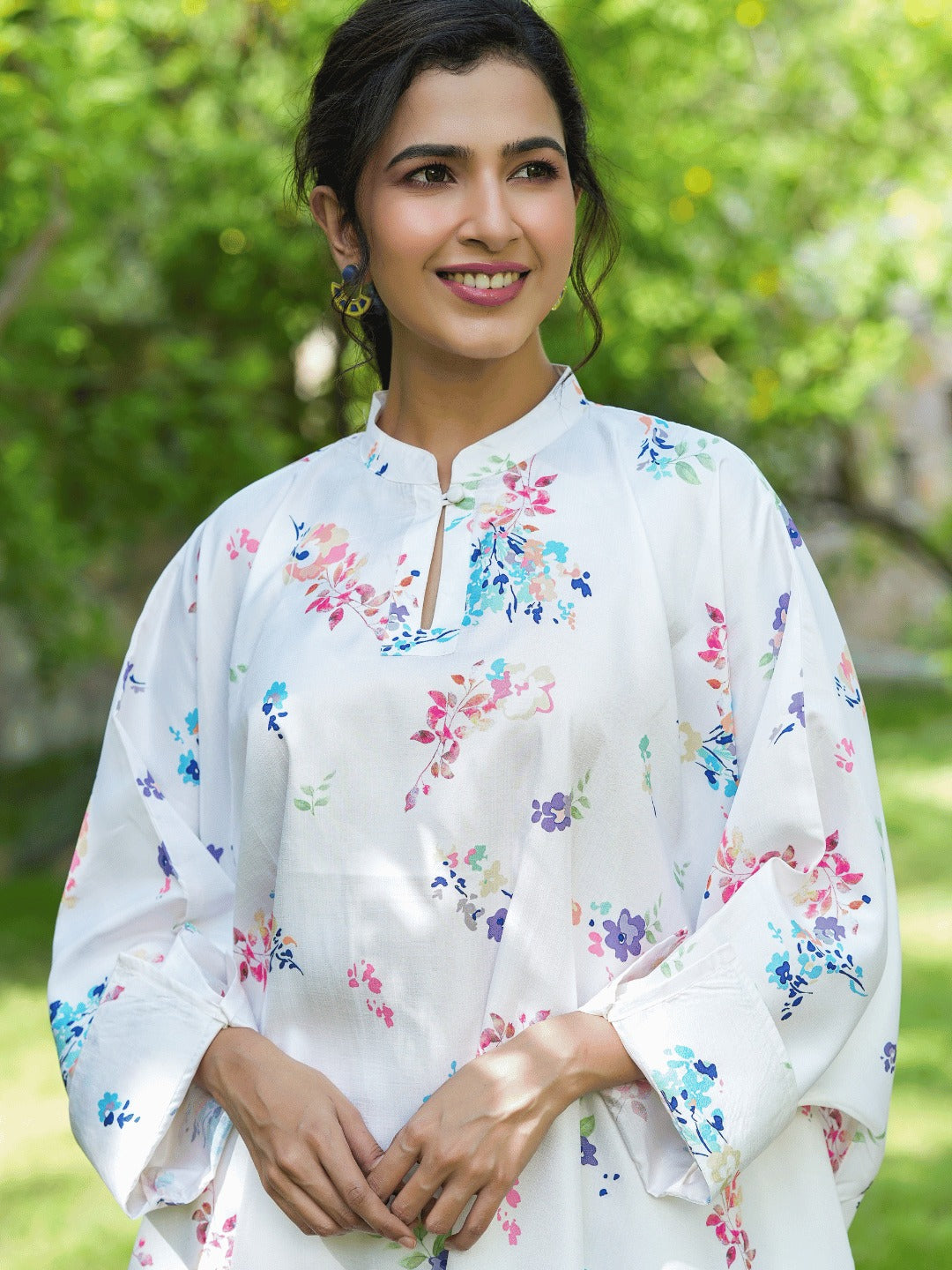 Yufta White Floral Print Kaftan Kurta with Trousers Co-Ords