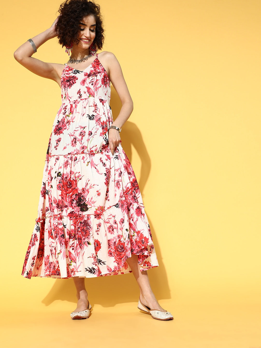 Yufta White & Pink Floral Printed Dress