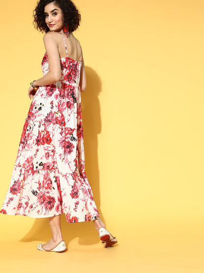 Yufta White & Pink Floral Printed Dress