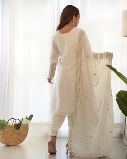 Lorenvalley Chinon Silk Embroidery Sequence zari work Kurta Pant with Dupatta Set - White