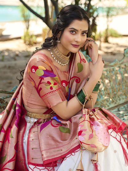 Lorenvalley White Jacquard Silk Paithani Weaving Zari Lehenga Choli with Dupatta