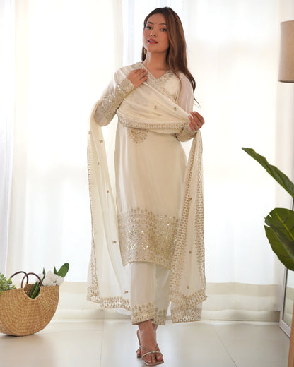 Lorenvalley Chinon Silk Embroidery Sequence zari work Kurta Pant with Dupatta Set - White