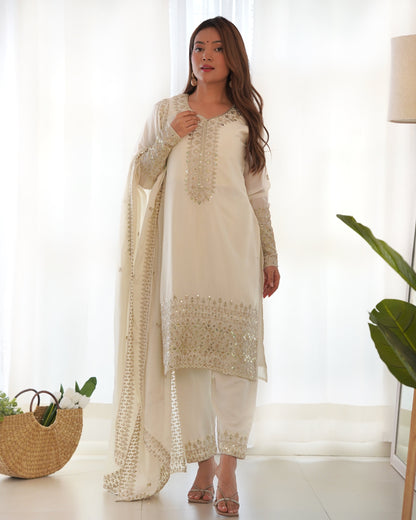 Lorenvalley Chinon Silk Embroidery Sequence zari work Kurta Pant with Dupatta Set - White
