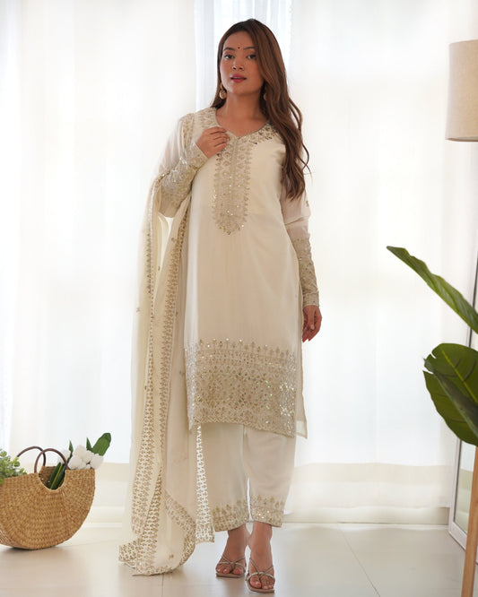 Lorenvalley Chinon Silk Embroidery Sequence zari work Kurta Pant with Dupatta Set - White