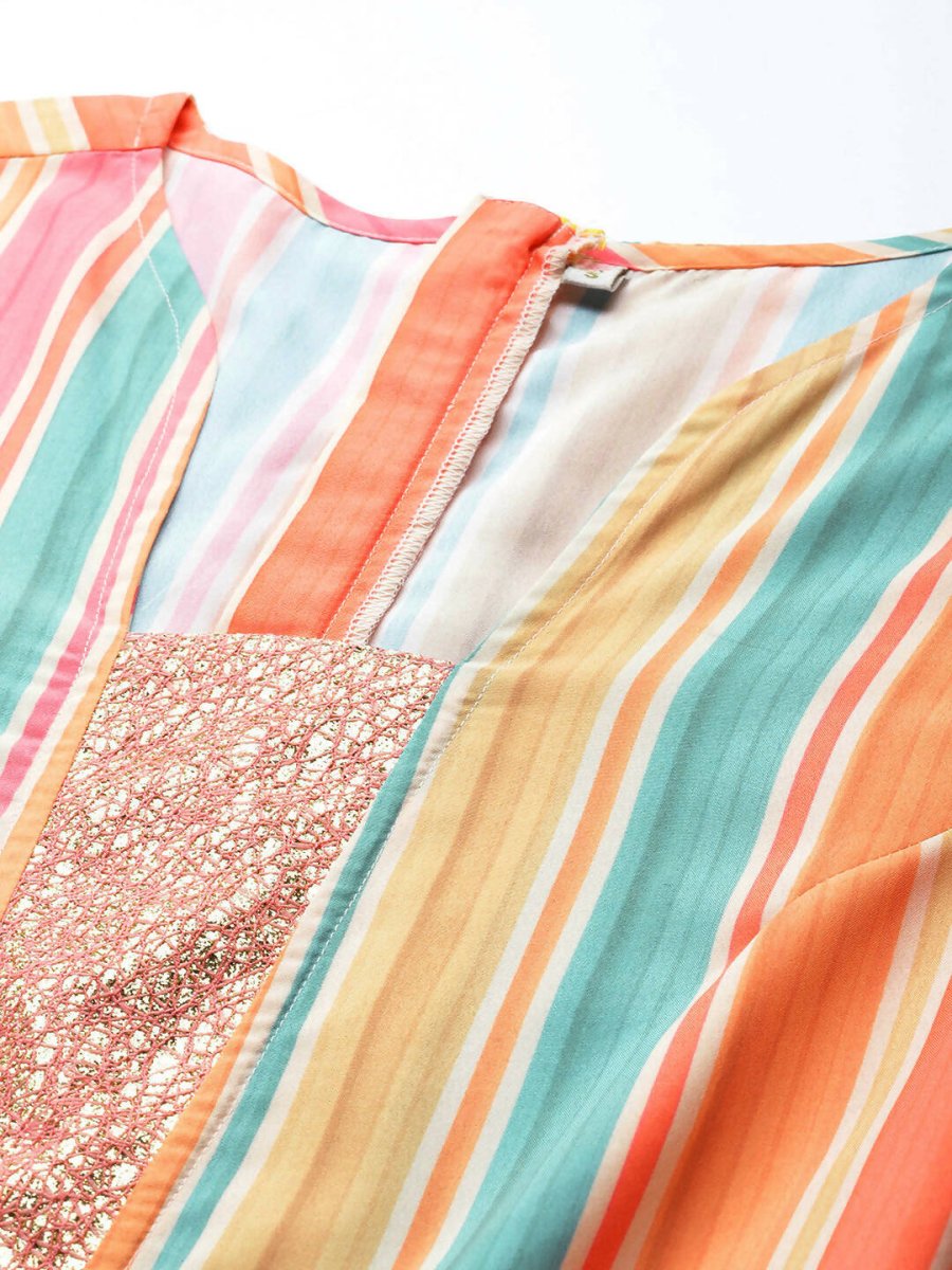 Ahalyaa Coral Orange & Blue Candy Striped Basic Jumpsuit