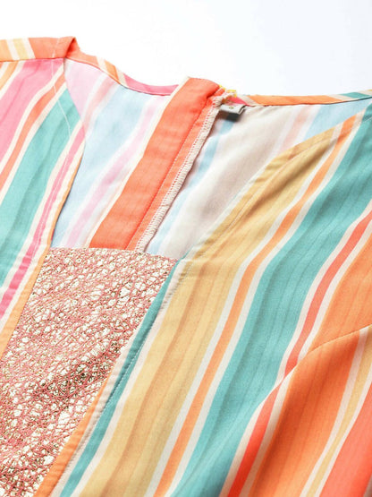 Ahalyaa Coral Orange & Blue Candy Striped Basic Jumpsuit