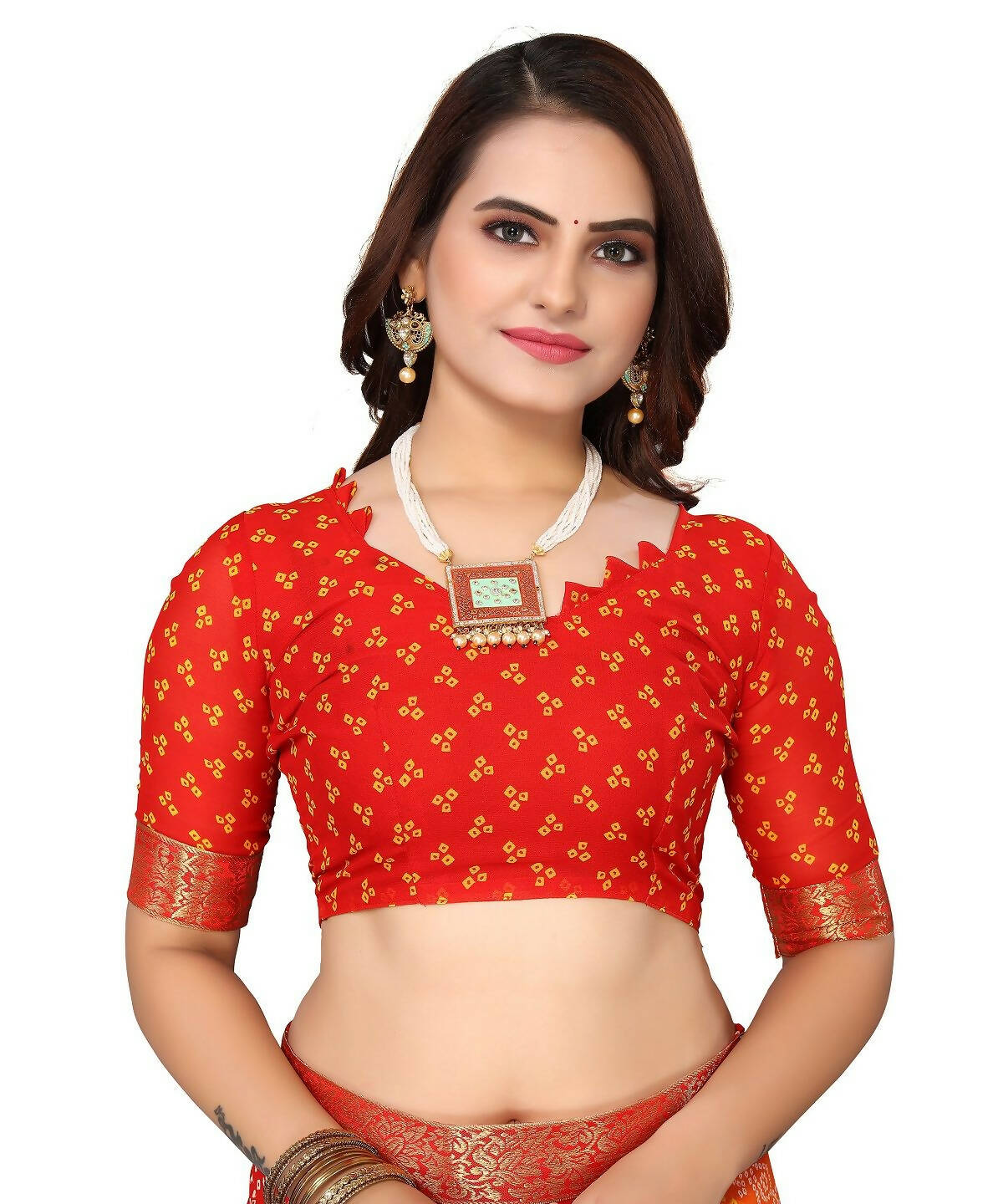 Vamika Red Georgette Printed With Lace Saree (VERA RED)