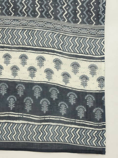 FIORRA Women's Grey Cotton Straight Kurta Pant With Dupatta