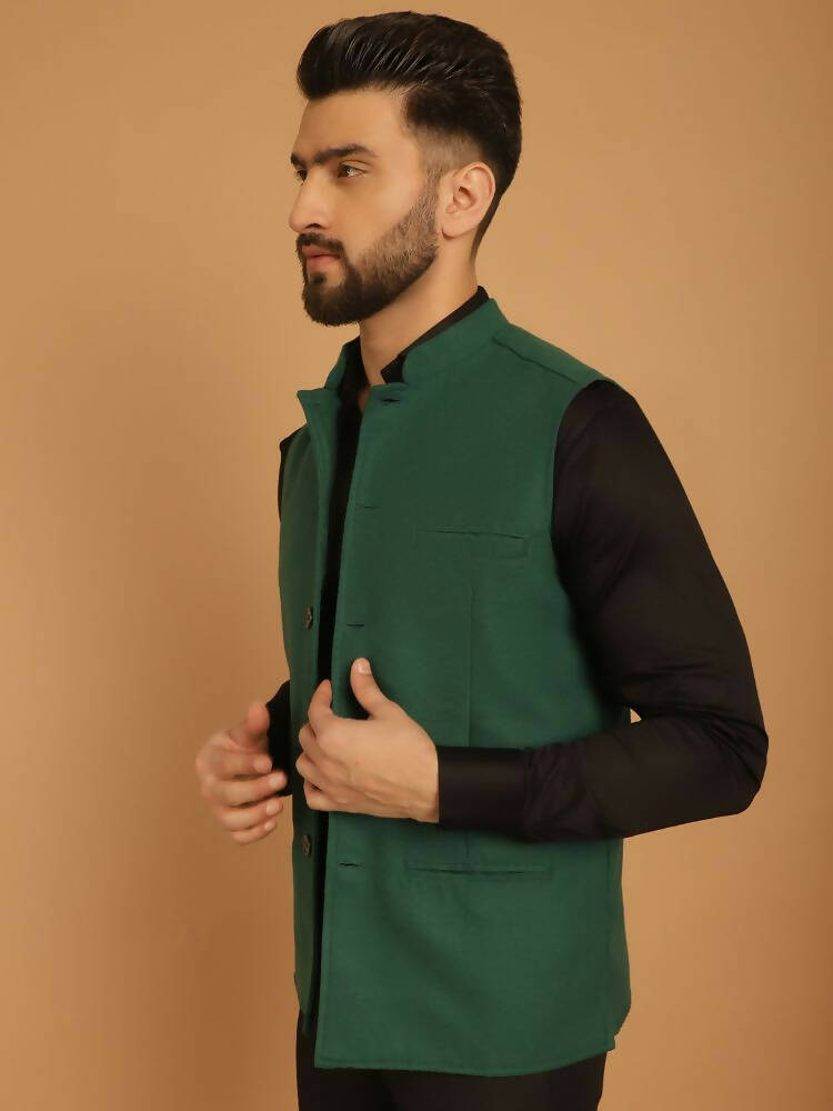Even Apparels Pure Wool Nehru Jacket - Green
