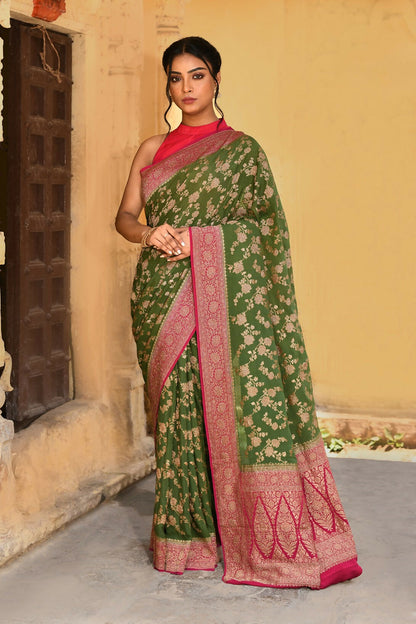 Joban Fashion Green Crepe Chiffon Pure Handloom Banarasi Silk Saree