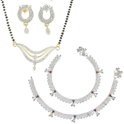 AanyaCentric Gold-Polished Mangalsutra Pendant Earring Set & Silver Plated Anklet