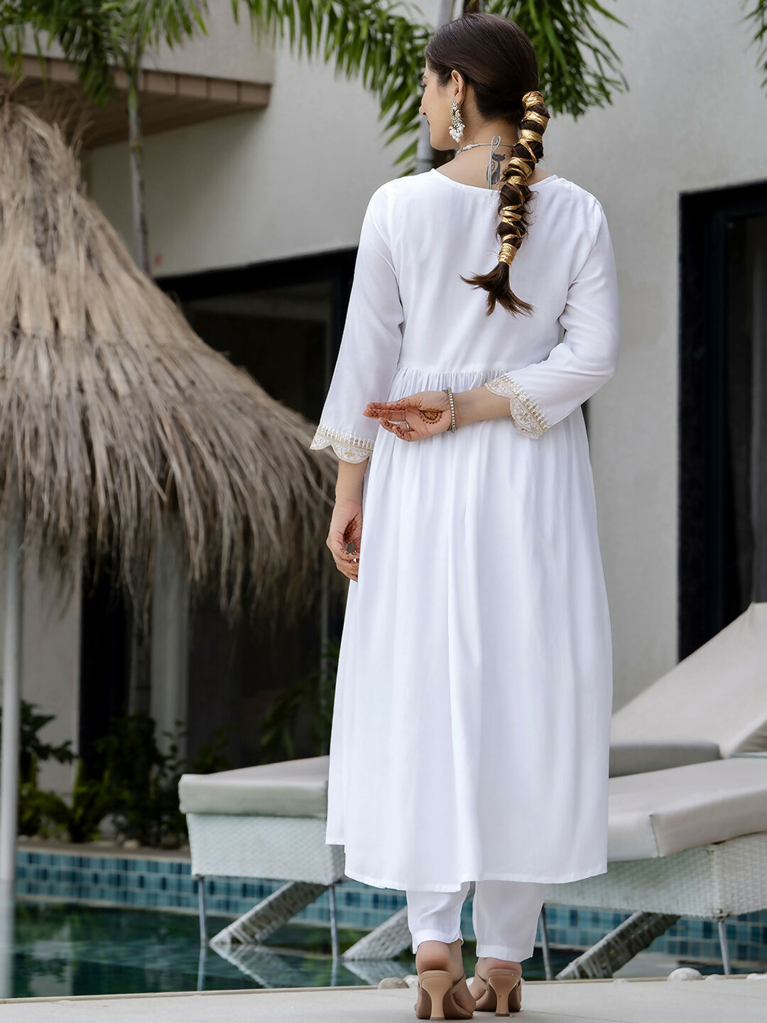 The52 White Women's Gorgeous Embroidered Chanderi Fabric Straight Kurta, Pant and Dupatta Set