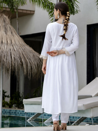 The52 White Women's Gorgeous Embroidered Chanderi Fabric Straight Kurta, Pant and Dupatta Set