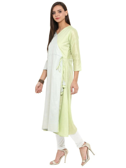 Ahalyaa Women Lime Green & Off-White Printed A-Line Kurta