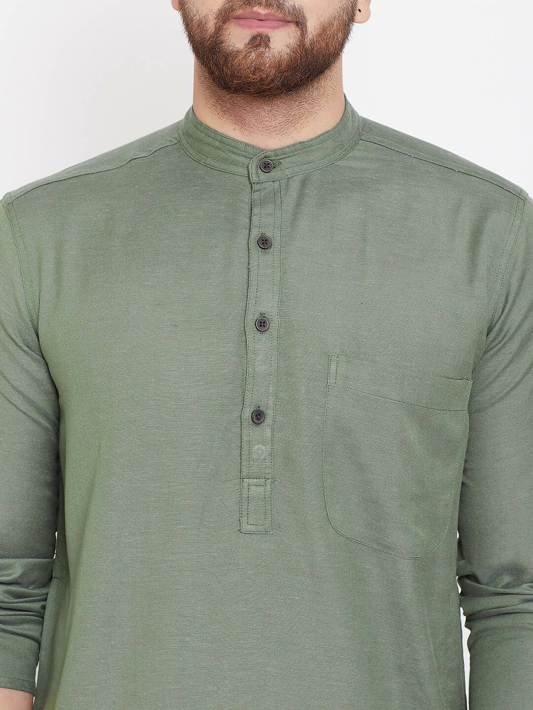 Even Apparels Green Color Linen Linen Men's Kurta With Band Collar