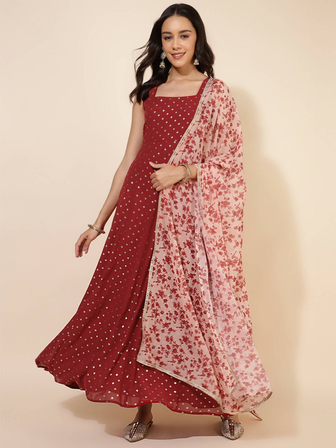 Janasya Women's Red Georgette Foil Printed Festive Anarkali Kurta Set