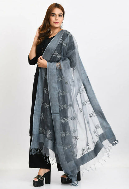 Mominos Fashion Moeza Women's Orgenza All Over Chikan Work Grey Dupatta