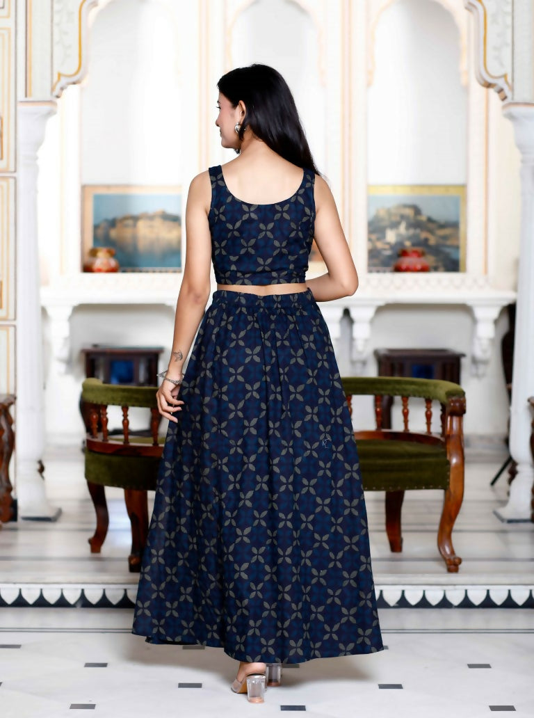 Miravan Women's Blue Abstract Print Crop Top And Side Slit A-Line Skirt Co-Ord Set