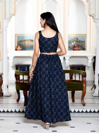 Miravan Women's Blue Abstract Print Crop Top And Side Slit A-Line Skirt Co-Ord Set