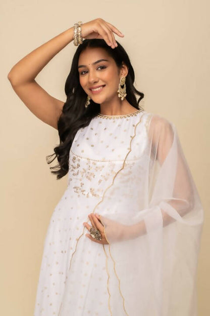 FIORRA Women's White Georgette Anarkali Kurta With Dupatta
