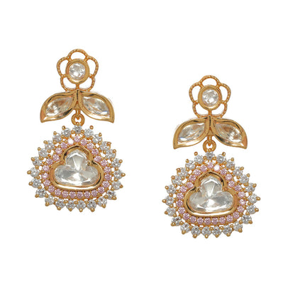 Kundan and Diamond with Pink Stones Dangler Earrings (Gold) - Ruby Raang