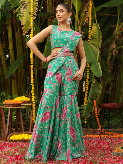 Janasya Green Georgette Floral Saree