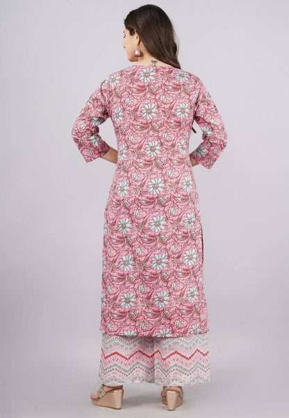 Vamika Printed Cotton Pink Party Wear/Casual Wear Kurta Set/Suit