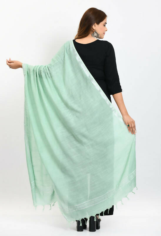 Mominos Fashion Moeza Women's Linen Cotton Silver Border Pista Green Dupatta