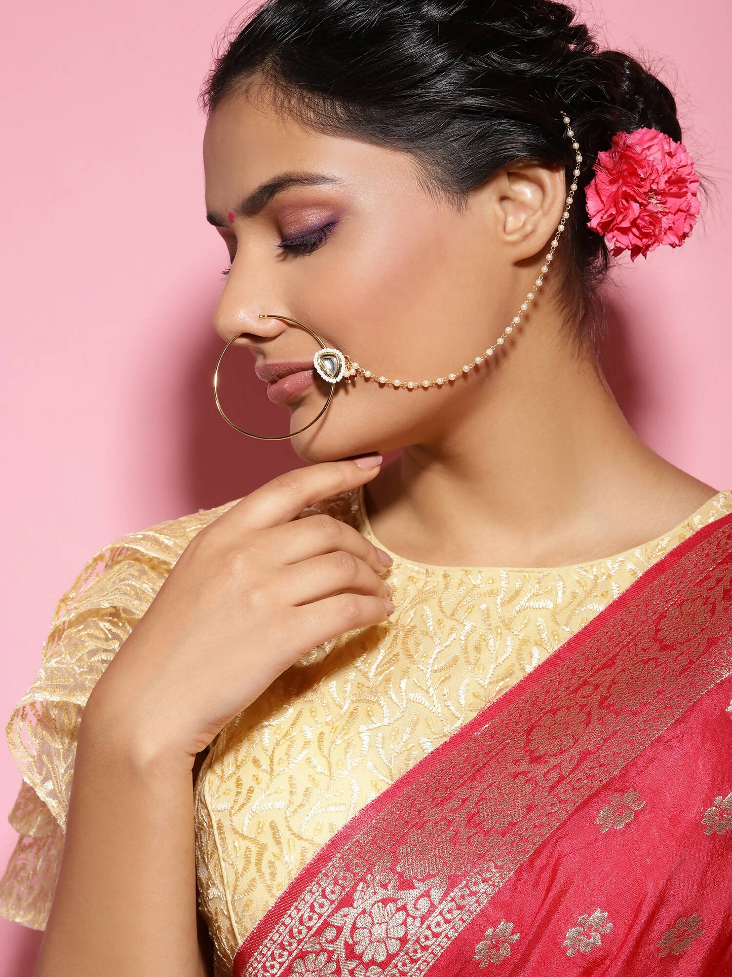 Gold-Polished White Kundan Studded Nose Pin With Beaded Extension - Ruby Raang