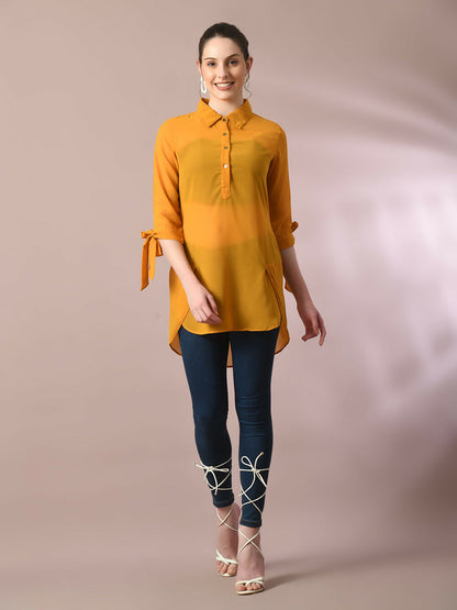 Myshka Women's Yellow Solid Georgette Longline Party Sheer Tunic