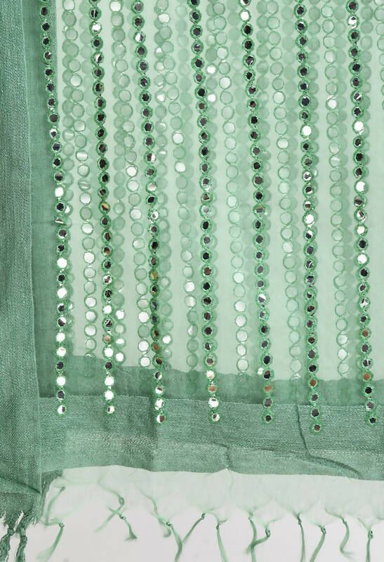 Mominos Fashion Moeza Women's Orgenza Mirror Stripe Thread Work Pista Green Dupatta