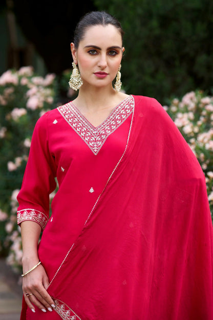 The52 Red Women's Gorgeous Embroidered Rayon Slub Fabric Straight Kurta Pant with Dupatta Set