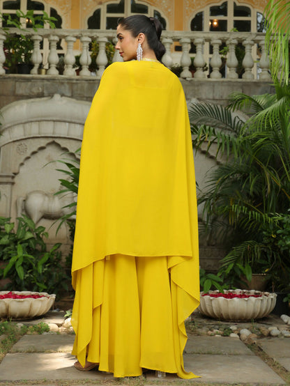 Janasya Yellow Georgette Sequined Top Bottom Cape